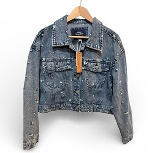 Ashley Vintage Charm Cropped Denim Jacket Embroidered Flowers NWT XL